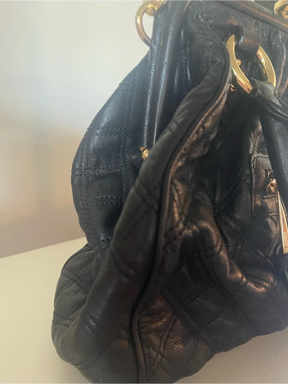Marc Jacobs Stam Quilted Black Leather Satchel with Gold Chain Strap
